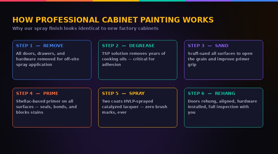 Professional cabinet painting process — door removal, degreasing, sanding, priming, HVLP spray application